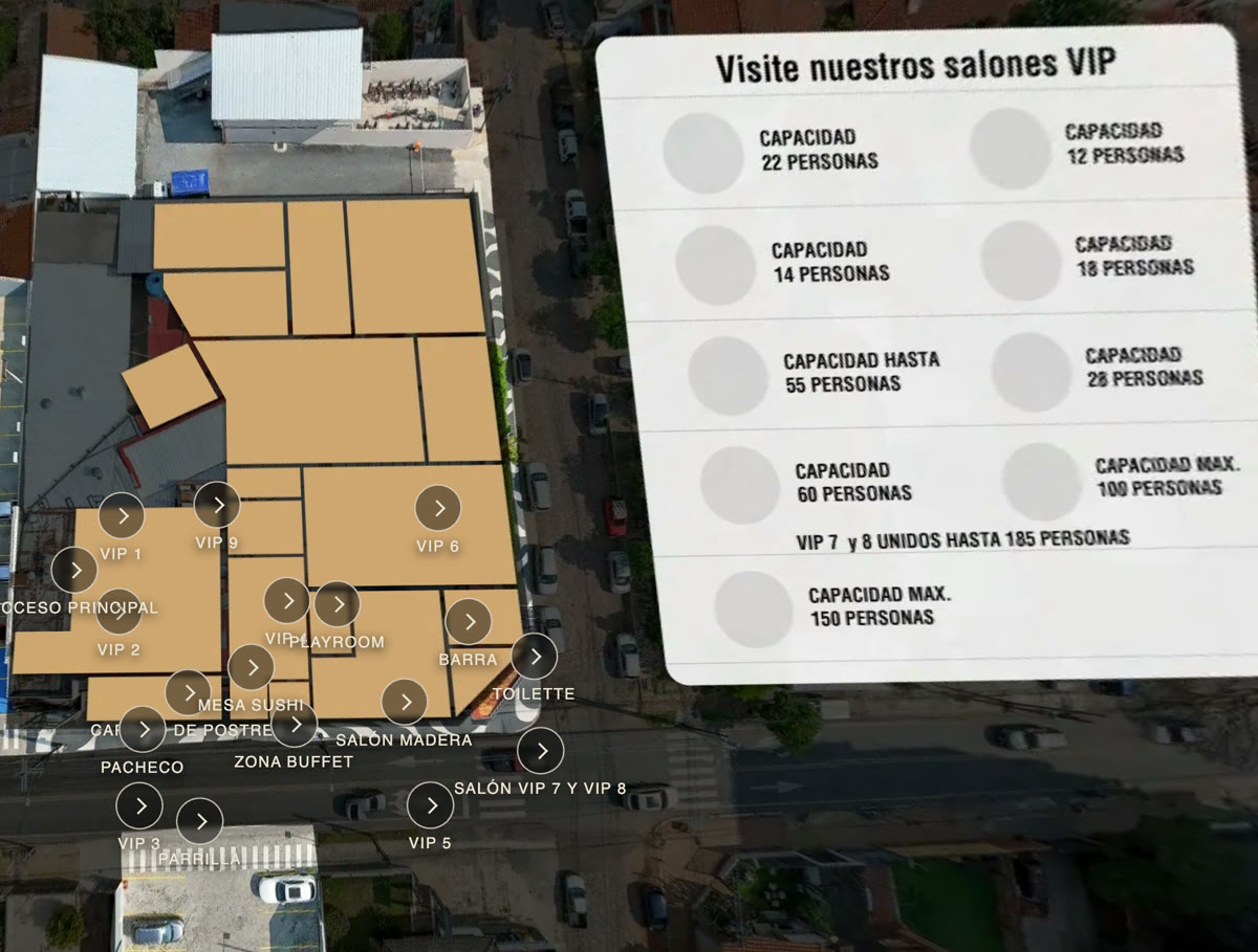 Recorrido virtual hecho por ATPC: vista aérea del edificio con la planta, puntos para tocar en cada salón y un panel con la capacidad de cada uno