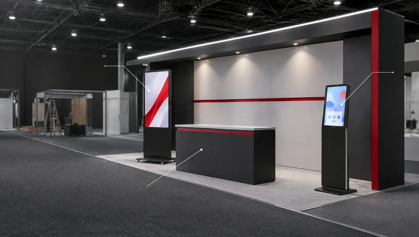Stand terminado con pantalla LED, tótem touch y mostrador