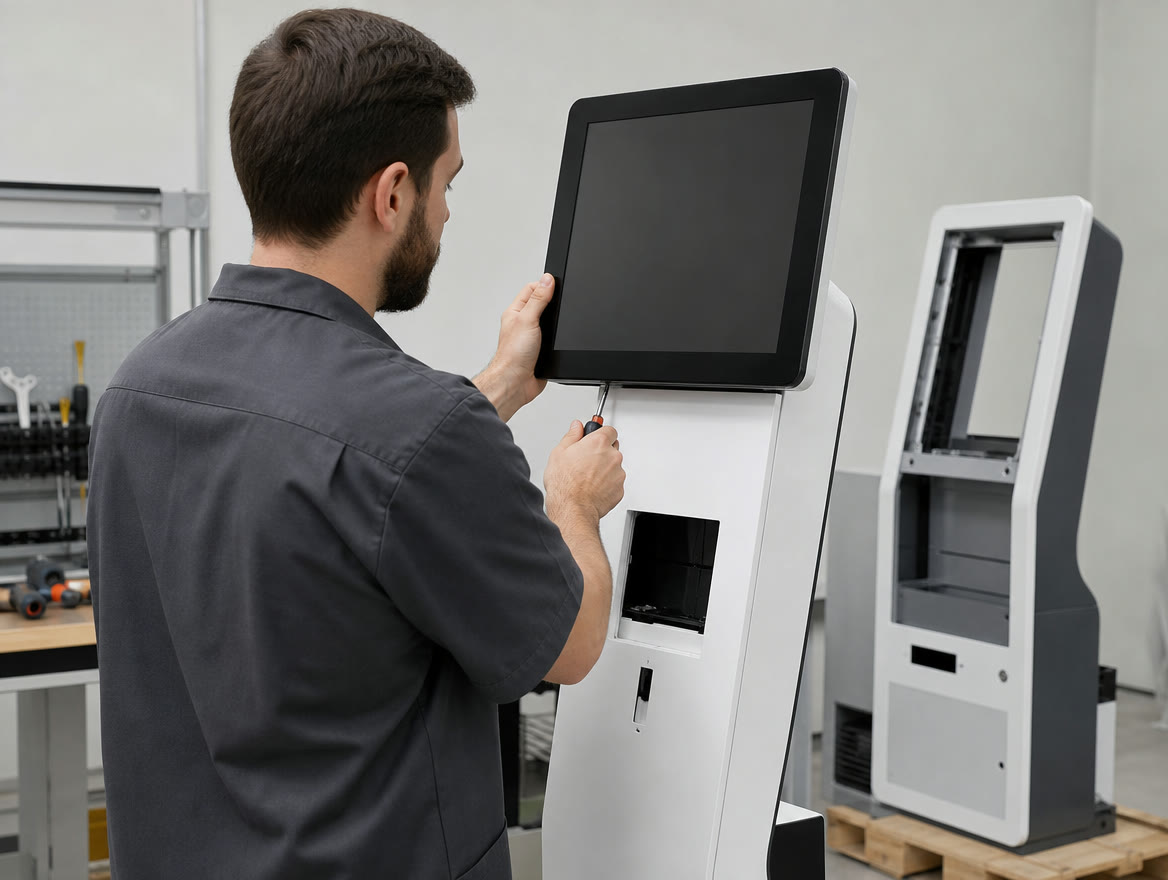 Técnico armando un kiosko de autoservicio en el taller