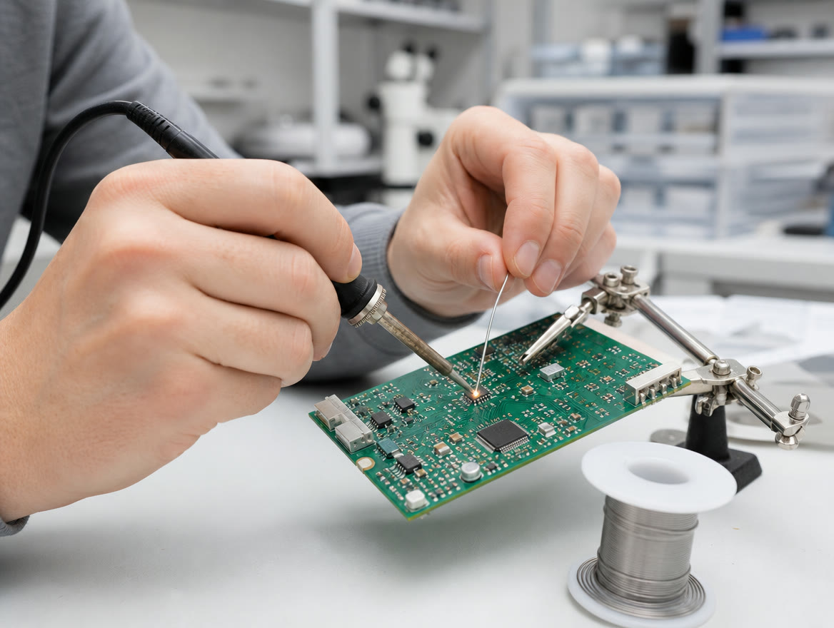 Técnico soldando una placa electrónica en el taller