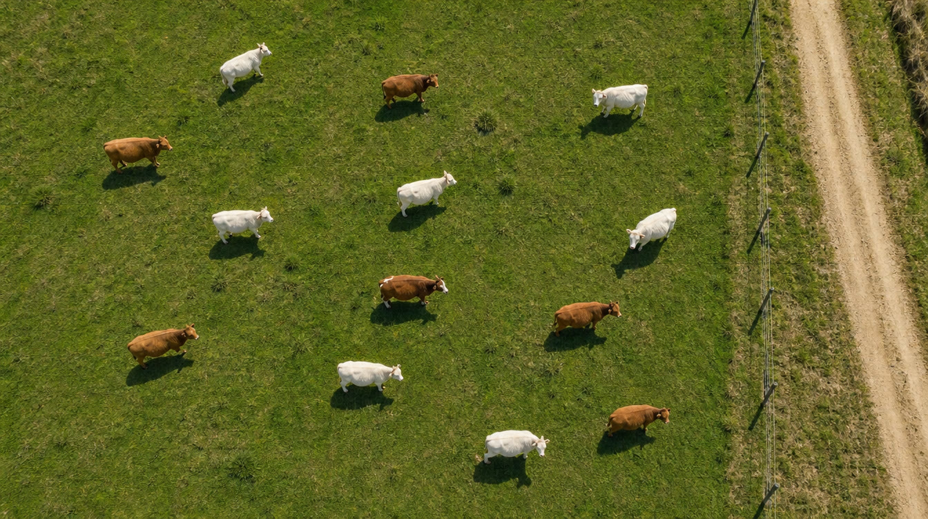 Potrero visto desde un dron: cada animal aparece marcado con un recuadro verde y el contador muestra el total