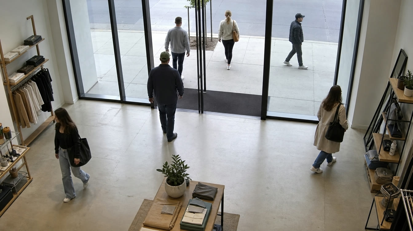 Entrada de un local vista desde arriba: cada persona aparece marcada con un recuadro verde y el contador muestra el total